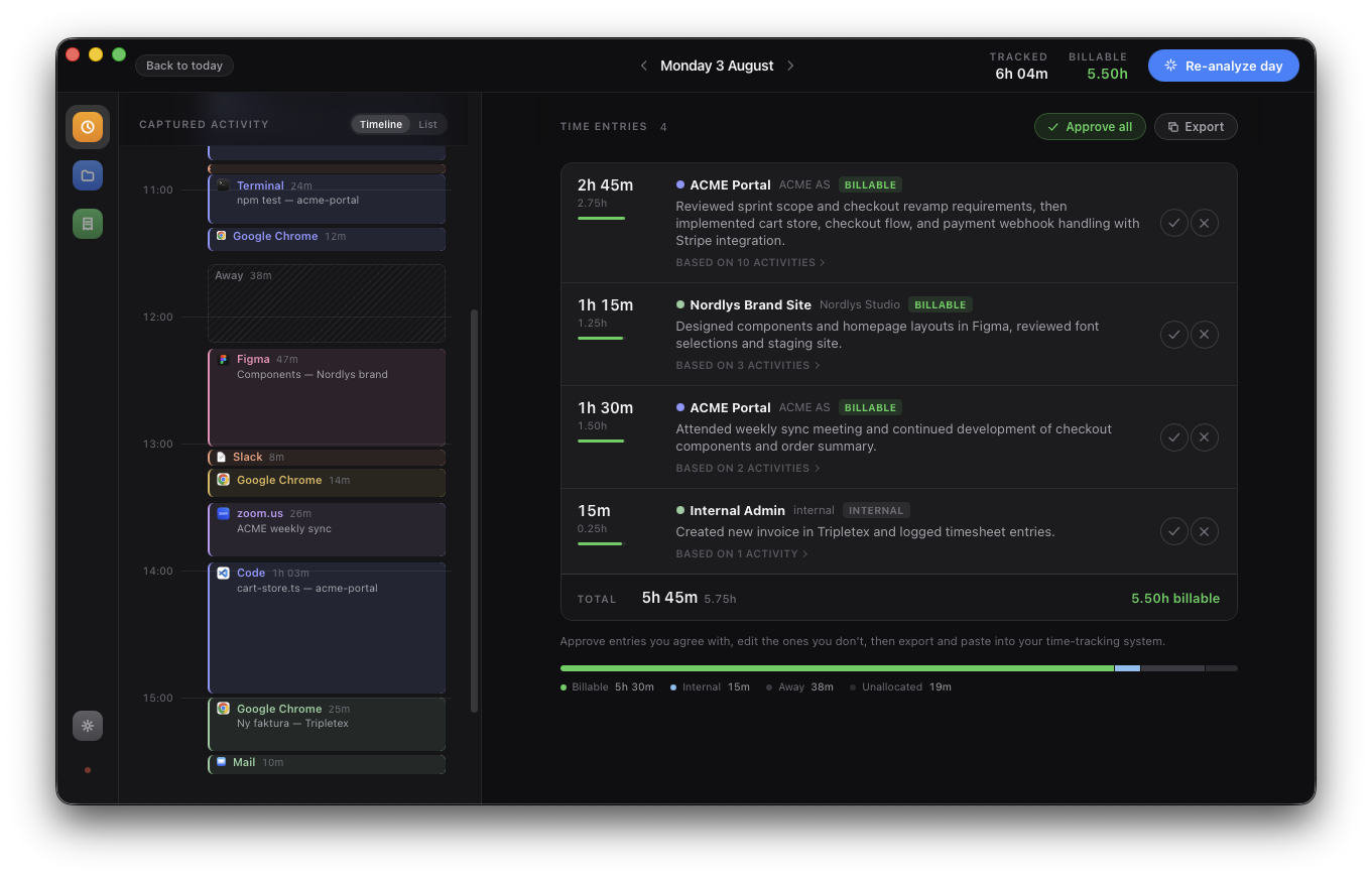 Glossa on a Mac: the day's captured activity per app on the left, AI-drafted time entries with billable totals ready for approval on the right.